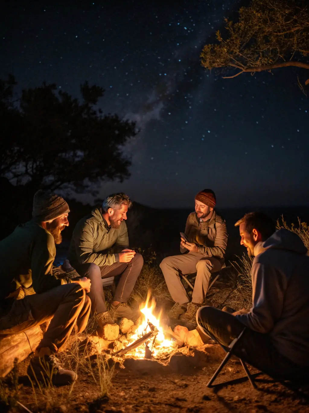 A group of men are sitting around a campfire at night, sharing stories and supporting each other, with a starry sky above them. The setting is a serene outdoor location, symbolizing the transformative experience of the Retreats & Masterminds.