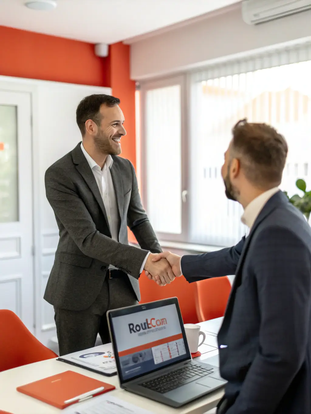 A young, ambitious real estate agent is shaking hands with Matt Paxson in front of a REAL Brokerage office, both smiling confidently. The image represents the Agent Recruiting program's focus on career growth.