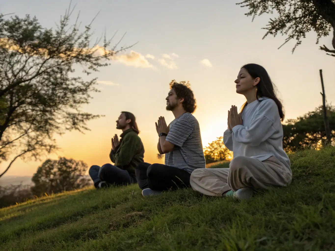 A serene outdoor setting with men practicing mindfulness and meditation during a Matt Paxson Coaching retreat. The scene conveys peace, reflection, and personal growth.