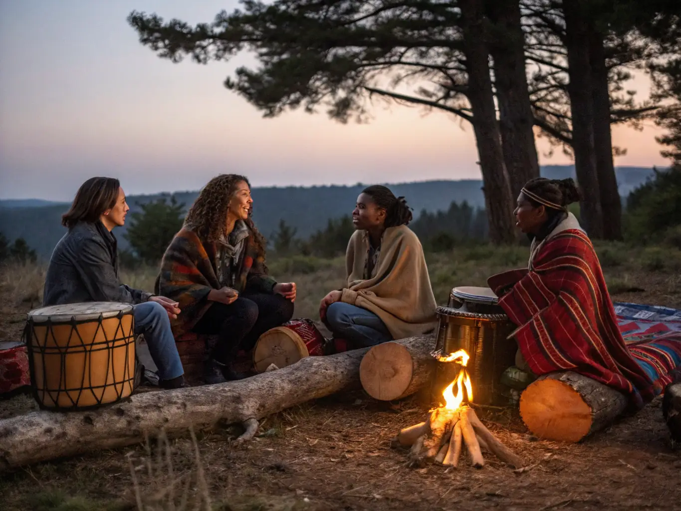A group of men sitting around a campfire at night, deep in conversation during a Matt Paxson Coaching retreat. The atmosphere is relaxed and supportive, with stars visible in the background.