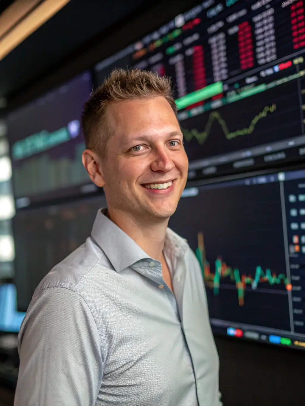 A confident man in his 30s, dressed in business casual attire, stands in front of a whiteboard filled with real estate investment strategies, smiling and pointing to a key financial metric. The setting is a modern office space, symbolizing the $10K Coaching Program's focus on financial growth.