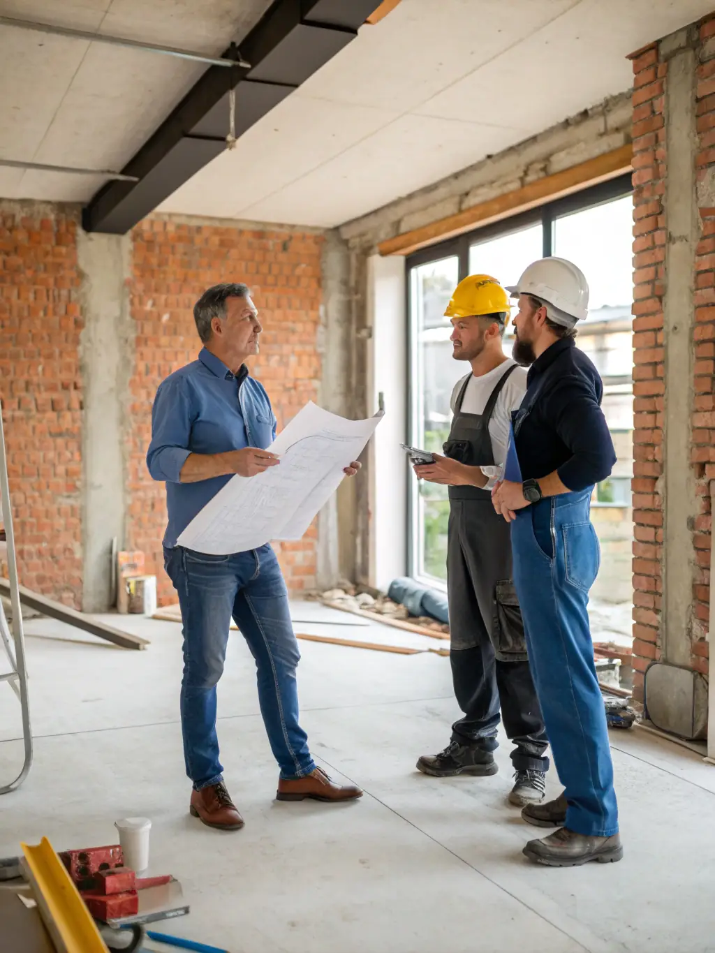 A group of men in their 40s and 50s are working on a house renovation project, wearing hard hats and work gloves, with a partially renovated house in the background. The scene captures the hands-on nature of the $50K Rehab Partner Program.